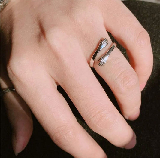 Hugging Hands Silver Ring (ENGRAVABLE)