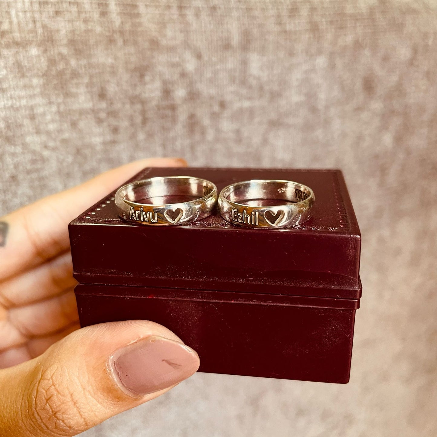 Personalized Heart Cutout Silver Couple Rings