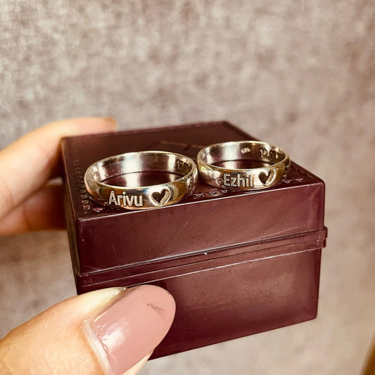 Personalized Heart Cutout Silver Couple Rings