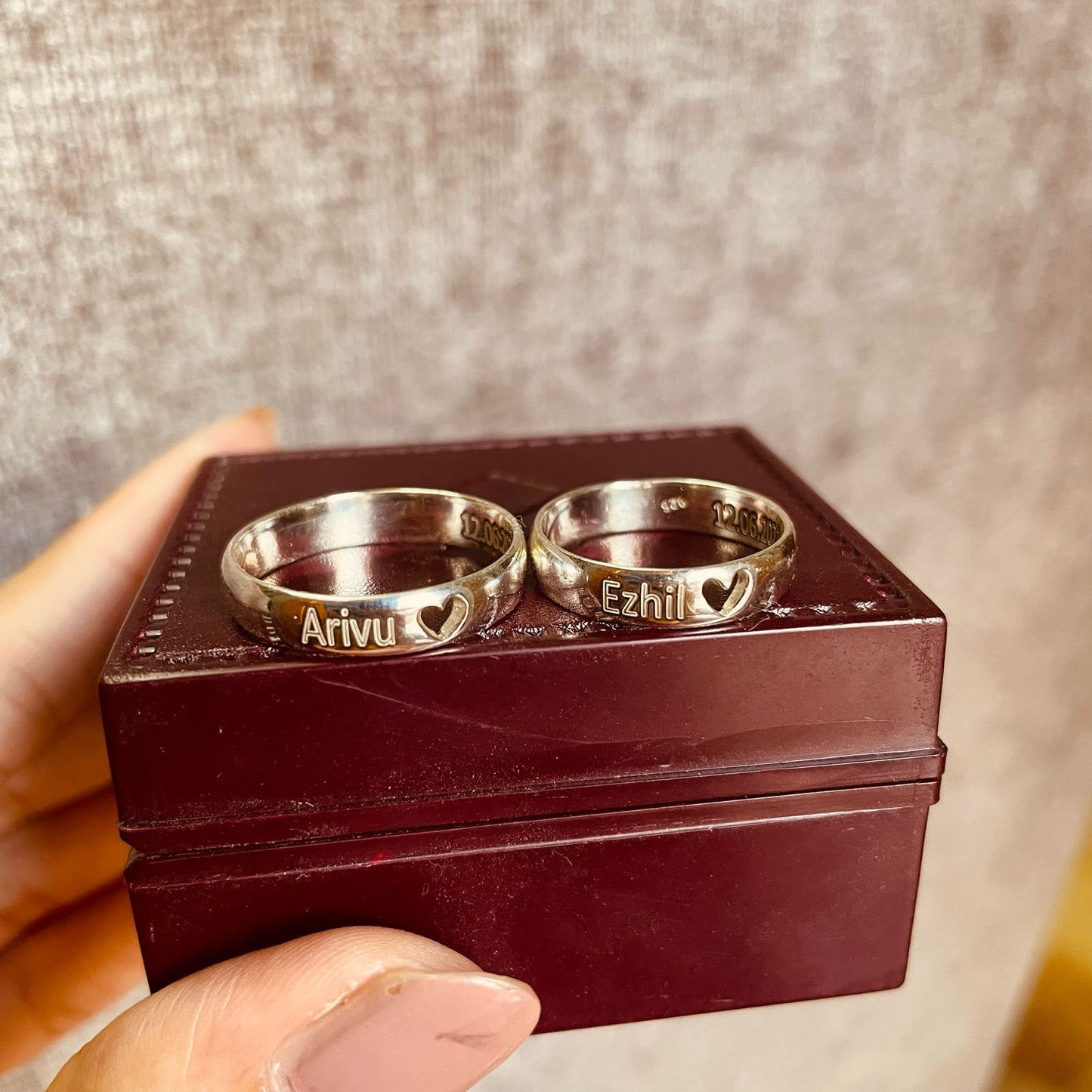 Personalized Heart Cutout Silver Couple Rings