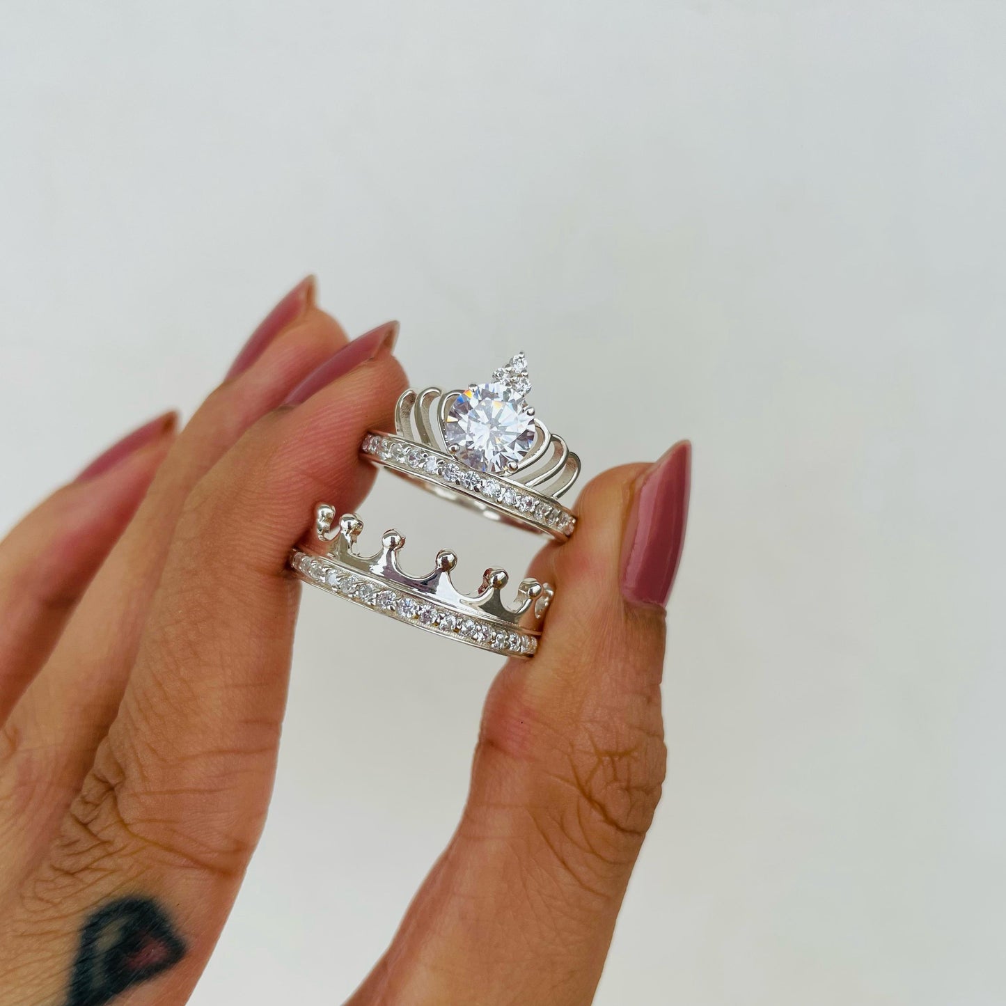 Royal Bond – Crown Silver Couple Ring Set (ENGRAVABLE)